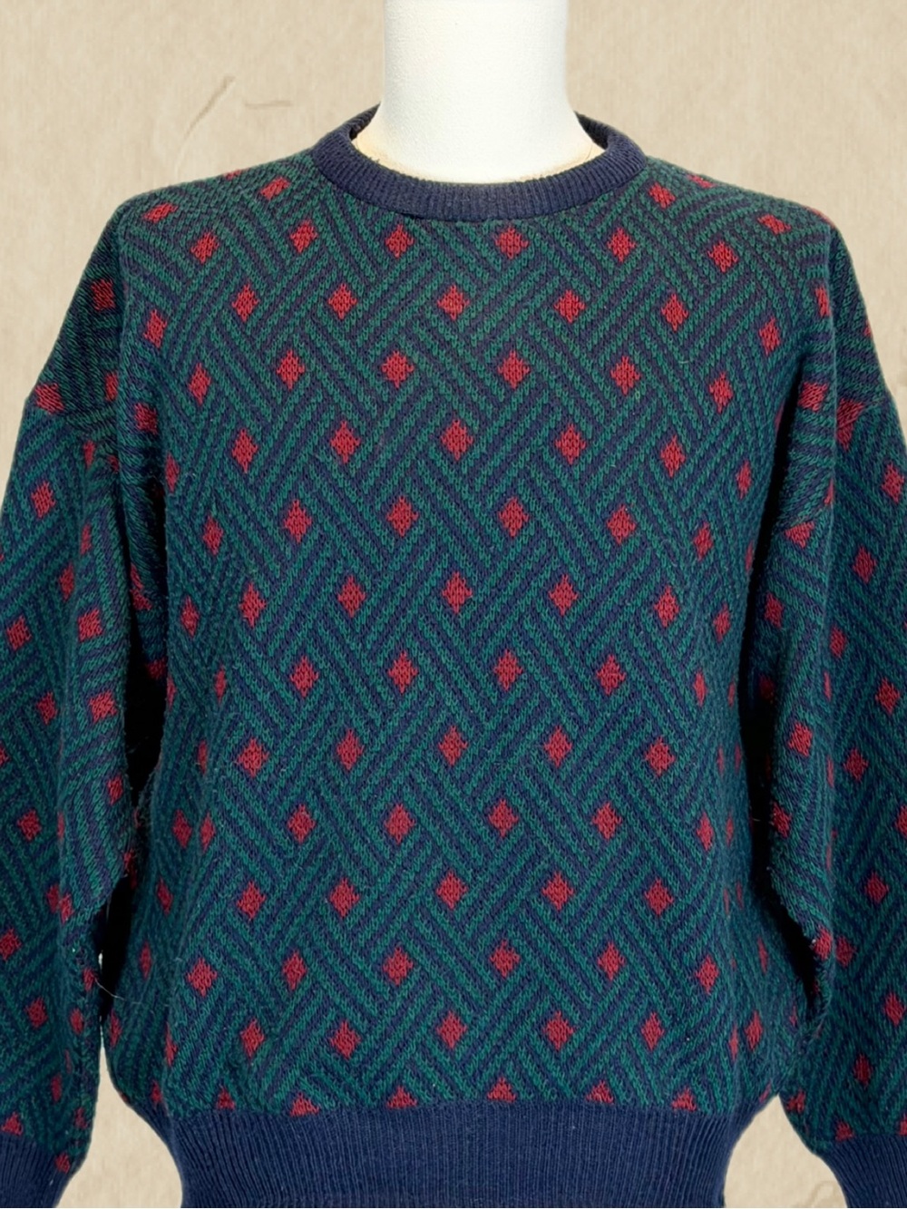 VINTAGE 80s Diamond argyle knit sweater blue green preppy geometric wool Italian